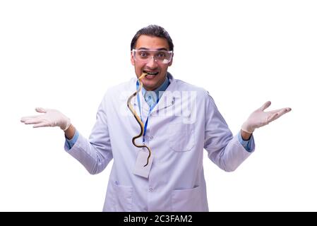 Zoologiste de jeunes hommes avec snake isolated on white Banque D'Images