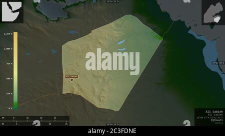 Ali Sabieh, région de Djibouti. Données de shader de couleur avec lacs et rivières. Forme présentée dans sa zone de pays avec des superpositions informatives. 3D rend Banque D'Images