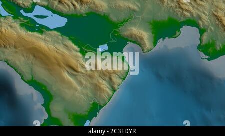 Barahona, province de la République dominicaine. Données de shader de couleur avec lacs et rivières. Forme entourée par rapport à sa zone de pays. Rendu 3D Banque D'Images