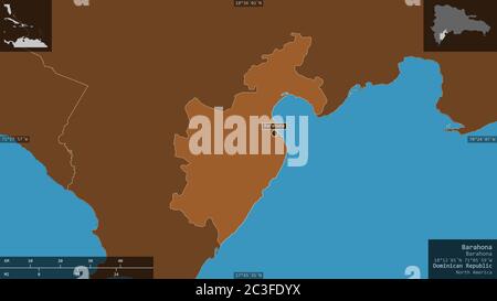 Barahona, province de la République dominicaine. Solides à motifs avec lacs et rivières. Forme présentée dans sa zone de pays avec des superpositions informatives. Banque D'Images