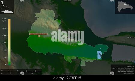 Duarte, province de la République dominicaine. Données de shader de couleur avec lacs et rivières. Forme présentée dans sa zone de pays avec des superpositions informatives. Banque D'Images