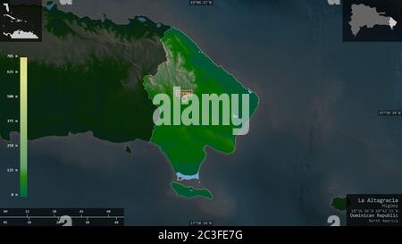 La Altagracia, province de la République dominicaine. Données de shader de couleur avec lacs et rivières. Forme présentée contre sa région avec informative OV Banque D'Images