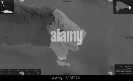 La Altagracia, province de la République dominicaine. Carte à échelle de gris avec lacs et rivières. Forme présentée par rapport à sa zone de pays avec une superposition d'informations Banque D'Images