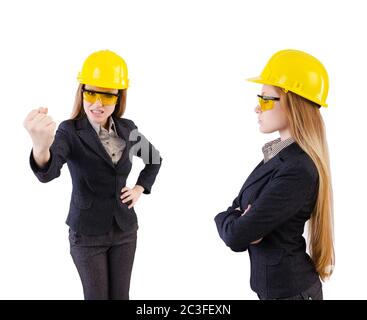 Woman construction worker isolated on white Banque D'Images