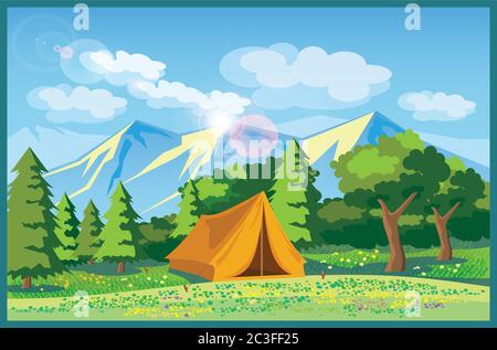 Illustration vectorielle stylisée prairie pittoresque avec une tente dans une forêt et des montagnes Illustration de Vecteur