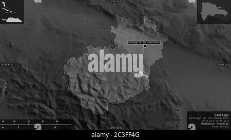 Santiago, province de la République dominicaine. Carte à échelle de gris avec lacs et rivières. Forme présentée dans sa zone de pays avec des superpositions informatives. 3D Banque D'Images