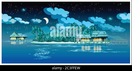 illustration vectorielle stylisée des îles tropicales la nuit avec bungalows, jetée et plage. sans couture horizontale si nécessaire Illustration de Vecteur