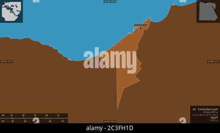 Al Iskandariyah, gouvernorat de l'Égypte. Solides à motifs avec lacs et rivières. Forme présentée dans sa zone de pays avec des superpositions informatives. 3D Banque D'Images