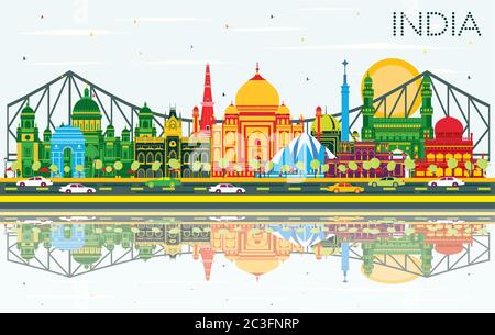 India City Skyline avec les bâtiments de couleur, ciel bleu et réflexions. Delhi. Hyderabad. Calcutta. Illustration vectorielle. Illustration de Vecteur