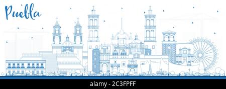 Contour Puebla Mexico Skyline avec Blue Buildings. Illustration vectorielle. Concept de tourisme avec architecture historique et moderne. Illustration de Vecteur