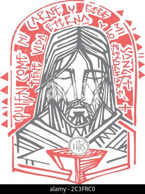 Illustration vectorielle dessinée à la main ou dessin artistique du visage et du symbole eucharistique de Jésus-Christ avec une phrase en espagnol qui signifie : qui éaats ma chair an Illustration de Vecteur