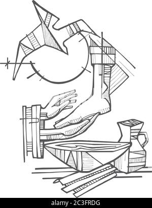 Illustration vectorielle dessinée à la main ou dessin de la scène biblique de Jésus lavant les pieds de ses disciples Illustration de Vecteur