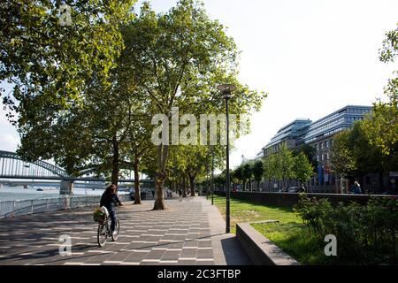 Les Allemands pédalent sur la rue au bord du rhin entre la route konrad adenauer ufer à Koeln le 11 septembre 2017 à Cologne, Germ Banque D'Images