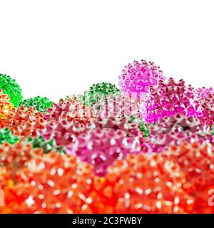 Une boule de verre violette avec pointes repose sur d'autres boules colorées semblables au virus covid. rendu 3d Banque D'Images