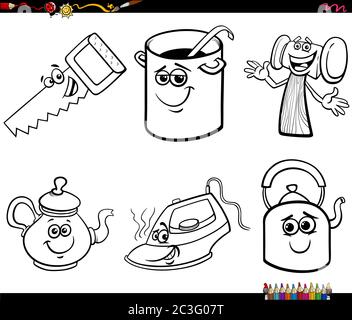 dessin animé objet drôle caractères ensemble coloriage livre page Banque D'Images