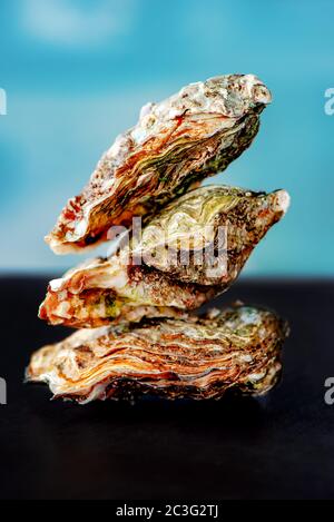 Huîtres crues sur la surface de la pierre Banque D'Images