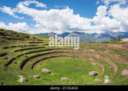 Terrasses concentriques période Inca Moray Urubamba vallée Pérou Banque D'Images
