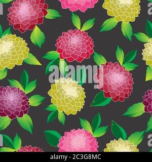 motif sans couture de fleur de dahlia de couleur jaune rouge violet rose sur fond noir Banque D'Images