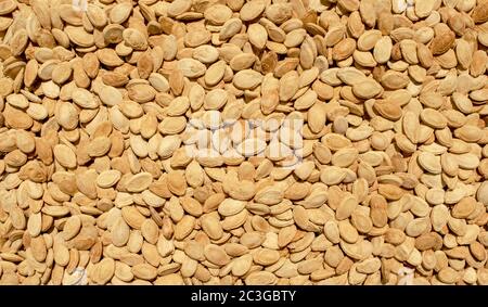 Beaucoup de graines de citrouille salées fraîchement grillées bakroisé. Vue de dessus. Toile de fond de graines de citrouille. Banque D'Images