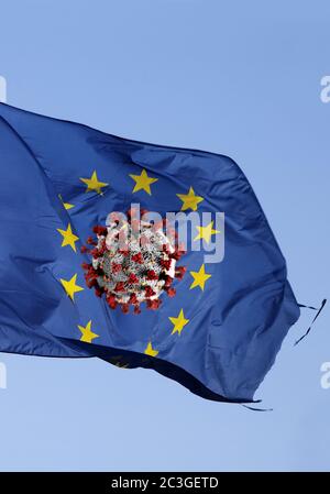 Photo montage, drapeau européen avec virus corona, photo symbolique de la situation tendue en Europe Banque D'Images