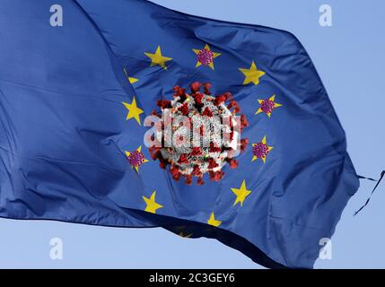 Photo montage, drapeau européen avec virus corona, photo symbolique de la situation tendue en Europe Banque D'Images