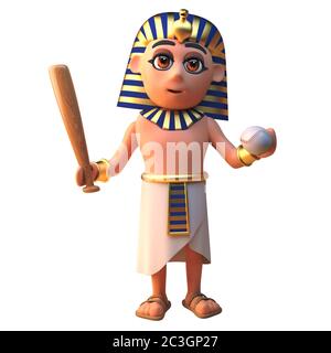 dessin animé égyptien en 3d Pharaon tenant une batte de baseball et une balle, illustration en 3d Banque D'Images