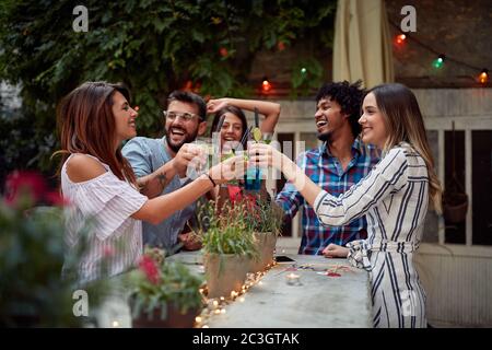 Des amis qui font un toast dans le jardin du café Banque D'Images