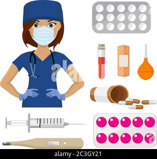 Fille infirmière médecin et un ensemble de médicaments et de matériel médical. Illustration vectorielle sur le thème de la médecine et de la santé. Illustration de Vecteur