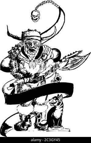 Un nain avec une hache. Illustration vectorielle sur le thème de la guerre du casque à cornes Viking. Illustration de Vecteur