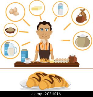 Un homme prépare des croissants. Illustration vectorielle sur le thème de la cuisson et de la cuisson. Dessert français. Illustration de Vecteur