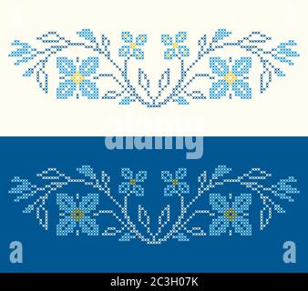 Éléments de design pour la broderie en point de croix dans le style ethnique traditionnel ukrainien. Couleurs bleues, illustration vectorielle. Illustration de Vecteur