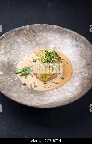 Poisson frit gastronomique à la morue au curry thaïlandais avec piment et pousses, à l'aide d'une assiette moderne avec espace pour les copies Banque D'Images