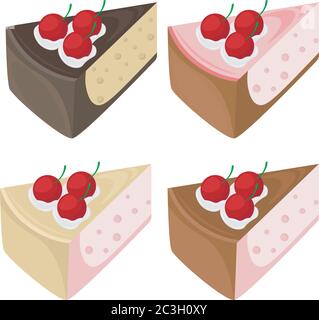 Gâteau sucré à la cerise. Symbole vectoriel de gâteau sucré avec des couches de gelée et de soufflées et de confiture de framboises. Lot de quatre gâteaux. Illustration de Vecteur