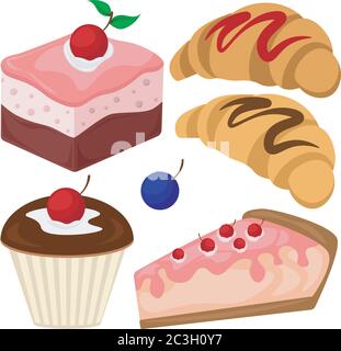 Ensemble de gâteaux, cheesecakes et croissants. Illustration vectorielle sur le thème de la confiserie. Illustration de Vecteur