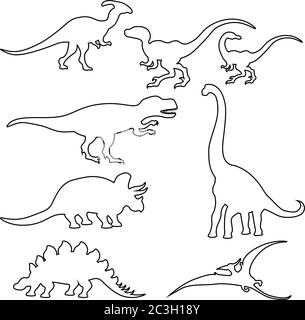 Ensemble vectoriel de différentes silhouettes de dinosaures sur un fond blanc isolé. Illustration de Vecteur