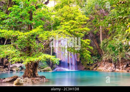 Cascade dans une forêt tropicale avec arbre vert et lac émeraude, Erawan, Thaïlande Banque D'Images