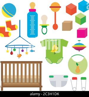 Ensemble pour enfants : jouets, vêtements, couches, lit de bébé avec clôture, cubes. Vecteur défini sur un arrière-plan blanc isolé. Illustration de Vecteur