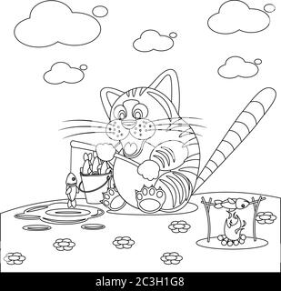 Livre de coloriage, le chat capture des poissons pour les adultes et les enfants. Illustration vectorielle noir et blanc. Illustration de Vecteur