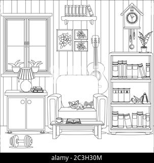 Livre de coloriage pour adultes et enfants sur le thème du confort intérieur et à la maison. Une chambre avec meubles et articles ménagers. Illustration de Vecteur