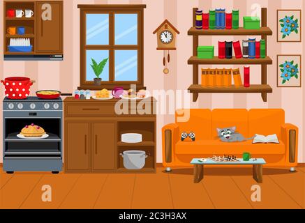 Intérieur moderne de la cuisine salon. Intérieur Vector de la chambre Studio. Illustration de Vecteur
