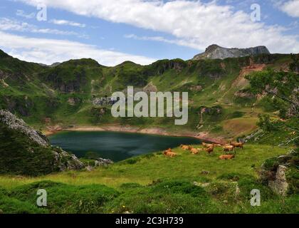 Lac de la Cueva dans les montagnes Cantabriennes, nord de l'Espagne Banque D'Images