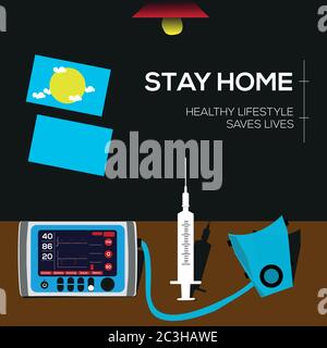Restez à la maison, protégez votre vie. Illustration vectorielle avec aiguille, masque d'air, tableau, ventilateur, éléments de fenêtre. Illustration de Vecteur
