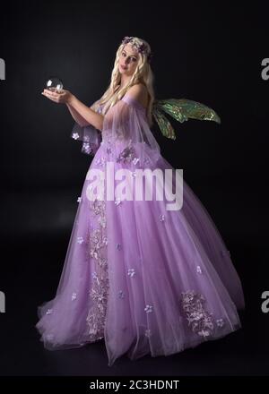 Portrait d'une belle fée blonde portant robe de fantaisie pourpre avec ailes. Posture debout pleine longueur, isolée sur un arrière-plan de studio. Banque D'Images