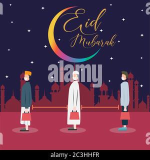 EID Mubarak, shopping et distanciation sociale pendant la pandémie de coronavirus affiche, illustration vectorielle Illustration de Vecteur