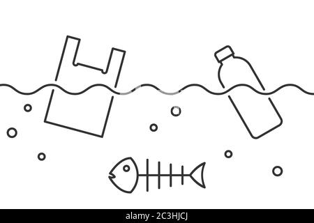 Sac en plastique et bouteille en plastique à côté du poisson mort dans l'eau. Concept de pollution plastique. Animaux de mer empoisonnés en raison de déchets toxiques. Icône de ligne noire Illustration de Vecteur