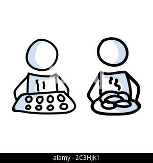 Adorable figurine bâton deux boulanger avec icône de linéart de plateau à biscuits. Pictogramme de préparation du dîner. Communication de l'illustration de la pâtisserie. Cuisine avec Illustration de Vecteur