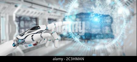 Main humanoïde blanche sur fond flou en utilisant l'hologramme du réseau globe avec le rendu 3D de la carte d'Europe Banque D'Images