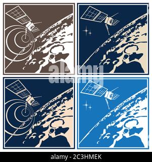 Illustration vectorielle stylisée sur le thème de l'exploration spatiale. Satellite de recherche en orbite autour de la planète éloignée ou planetoïde Illustration de Vecteur