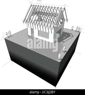 Construction de maison individuelle simple avec construction de cadre de toit en bois Illustration de Vecteur