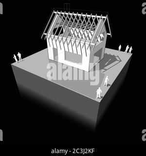 Construction de maison individuelle simple avec construction de cadre de toit en bois Illustration de Vecteur